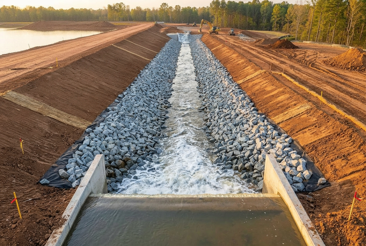 Retention pond dam under construction with concrete emergency spillway and granite riprap armoring over geotextile fabric